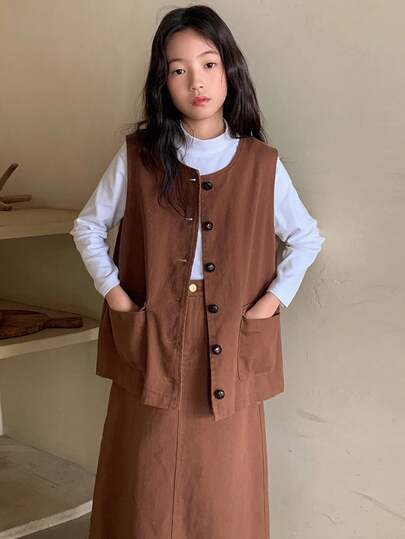 DAZY 2 件套青少年女孩牛仔背心 + 裙子套装，秋季服装