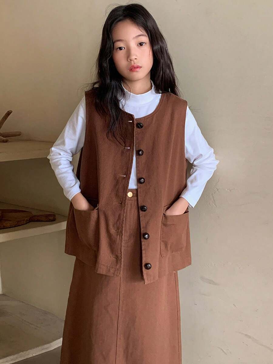 DAZY 2 件套青少年女孩牛仔背心 + 裙子套装，秋季服装 - 鏽棕色 - 查看 1