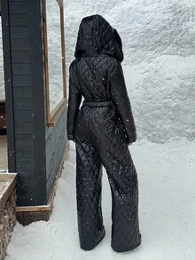 SHEIN EZwear Women's Thick Quilted Black Padded Coat, Suitable For Skiing, Autumn/Winter - Black - View 4