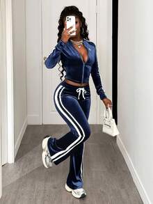 BamGleam 女士休闲运动两件套双肩带长袖 - 寶藍色 - 查看 8