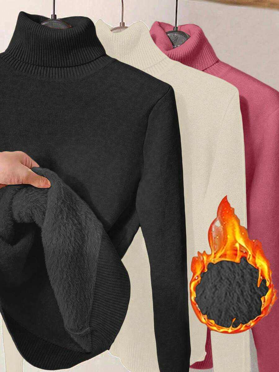 Franclia 3pcs/Set Autumn/Winter Thick Fleece Turtleneck Slim Fit Long Sleeve Sweater - Multicolor - View 1