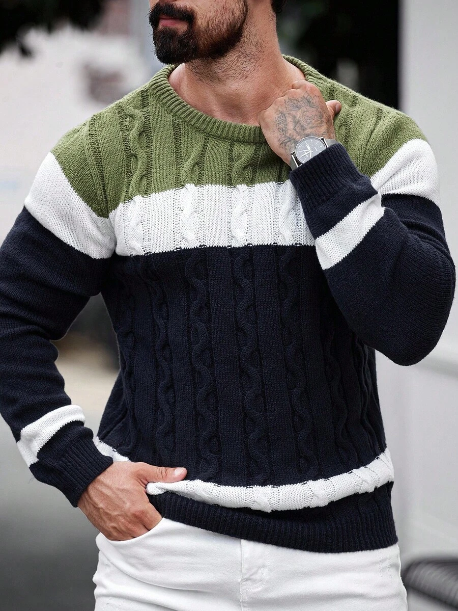 Manfinity Homme Áo len chui đầu cổ tròn dệt kim màu khối cho nam - Nhiều màu - Xem 1
