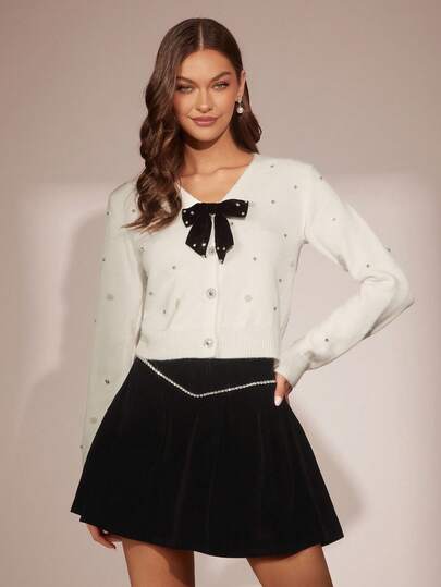 Enchnt 秋冬浪漫女士白色闪亮珍珠水钻装饰可爱蝴蝶结长袖公主开衫，时尚优雅，适合派对、约会、节日、毕业典礼、外出、万圣节、圣诞节、秋季、新年等场合。