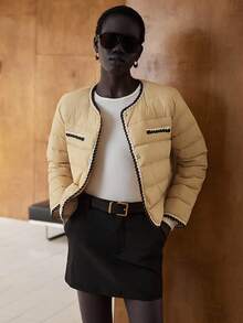 Lumivelle 女式卡其色短款羽绒服，纽扣开合，针织拼布边饰，冬季保暖 - 卡其色 - 查看 4