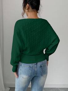 Elenzga Twisted Texture Oblique Shoulder Long Sleeve Knit Pullover Sweater, Autumn/Winter - Army Green - View 2