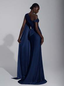 Elitara Elegant & Fashionable Apocalyptic Chocolate Brown Knit Fabric Asymmetric Shoulder Half-Exposed Shoulder Tailored Fitted Mermaid Hem Dress, Flowing Handcrafted Pleated Metal Buckle Waist Ruched Mermaid Hem, Suitable For Fashion Galas, Formal Dinners, Business Events, Balls, Cocktail Parties, Halloween Parties, Wedding Guest Dresses