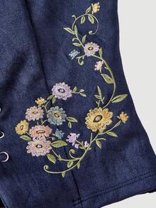 SHEIN MOD Women's Embroidered Tie-Up Suede White Camisole Top, Bohemian Style Blouse, Suitable For Music Festivals - Navy Blue - View 3