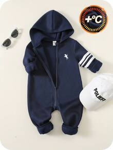 SHEIN 男嬰保暖內裡連帽冬季連身衣，海軍藍，秋季休閒時尚穿搭，適合室內、戶外、滑雪、運動、派對、拍照、節慶、萬聖節 - 藏蓝色 - 查看 3
