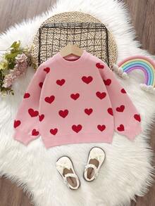 SHEIN Young Girl Pink Heart Pattern Sweater, Autumn Fairy Holiday Party Young Girls Oversized Loose Fit Knit Jumper, Girls' Autumn/Winter Warm Knitted Long Sleeves - Pink - View 6