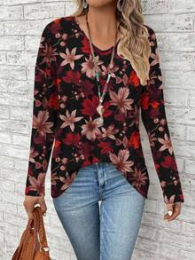 EMERY ROSE Áo thun tay dài cổ chữ V họa tiết hoa giản dị dành cho phụ nữ ngoại cỡ, phù hợp cho mùa xuân và mùa thu - Nhiều màu - Xem 4