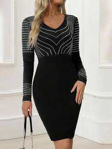 EMERY ROSE 女式 V 领长袖水钻装饰紧身迷你连衣裙，后开衩，优雅性感 - 黑色 - 查看 6