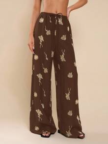 COSMINA 女式全印花打结休闲宽松阔腿裤 - 咖啡棕 - 查看 4