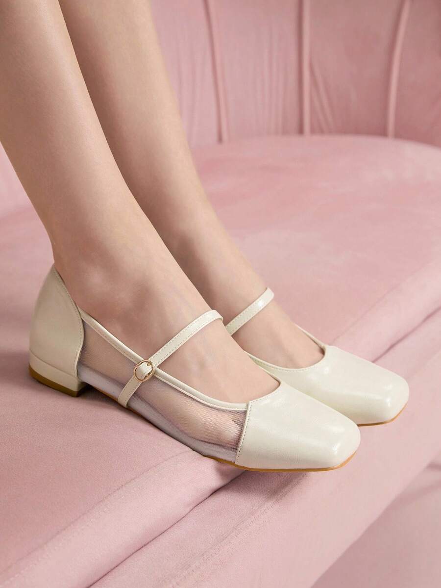 CUCCOO DOLLMOD Women's White Square Toe Comfortable Breathable Mesh & Patent Leather Splice Mary Jane Flat Shoes - Beige - View 1