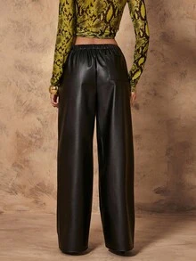 Chiquease Women's Black Low Waist Elastic Waistband Leather Pants,Casual Loose Fit Wide Leg Trousers With Drawstring,Autumn Night Out Textured Fabric Daily Wear - Black - View 2