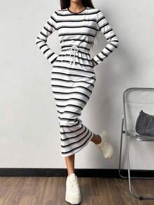 Pariaura 女士条纹腰部收紧休闲通勤简约风格连衣裙 - 黑與白 - 查看 5