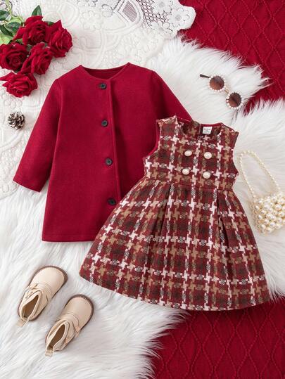 SHEIN Babygirl 优雅羊毛红色长款大衣和拼色连衣裙套装