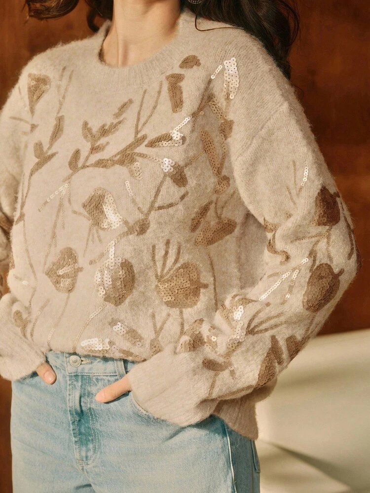 Elegant Fashion Floral Sequin Decor Crew Neck Pullover Women's Sweater