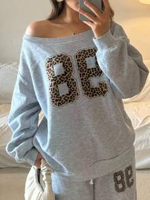 SHEIN 2 件套青少年女孩数字图形宽领露肩宽松运动衫和厚阔腿裤套装，适合秋冬、Y2K、街头服饰 - 淺灰色 - 查看 3