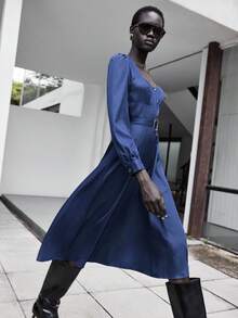 Lumivelle Denim Blue Metal Button Decor Long Sleeve Midi Dress - Royal Blue - View 6