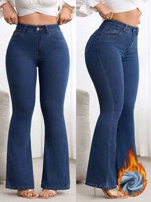 Flexra 加大码高腰修身喇叭腿水洗深蓝色牛仔裤 - 藍色 - 查看 1