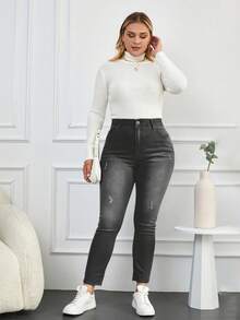 SHEIN Cottnline 98%Cotton Plus Size High-Waisted Tight Jeans, Water Washed - Dark Grey - View 3