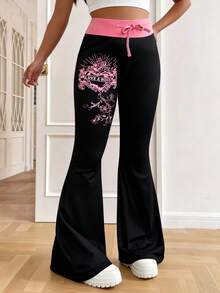 Tween Girls' Casual Printed Drawstring Flare Sweatpants - Multicolor - View 1