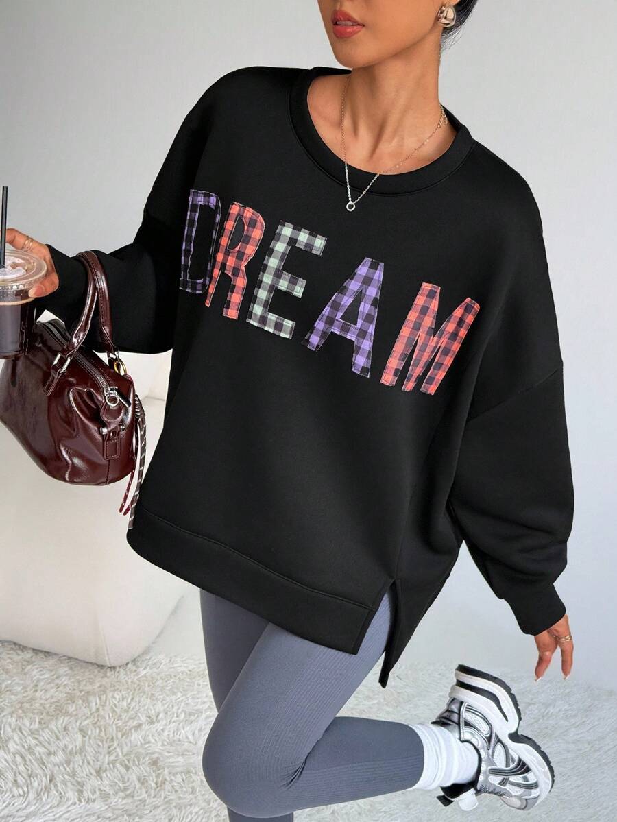 Dewbera 女式休闲印花圆领长袖运动衫 - 黑色 - 查看 1