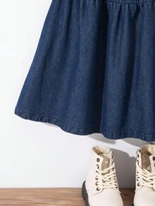 SHEIN 年轻女孩海军蓝色松紧腰荷叶边下摆休闲牛仔裙 - 深色水洗藍 - 查看 3