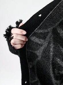 ROMWE Halloween  Gothic Skeleton Jacquard Distressed Design Hooded Cardigan Sweater For Women - Black - View 8
