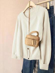 EMERY ROSE Plus Size Solid Color Round Neck Front Button Casual Long Sleeve Cardigan - Apricot - View 2