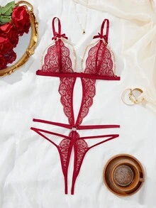 Classic Sexy 1件女士性感蕾丝紧身衣 - 酒紅色 - 查看 1