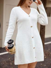 Easura Vestido suéter plus size com botões de rosa e decote em V elegante e ajustado