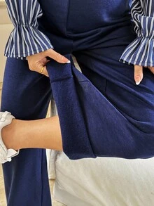 SHEIN 2件套孕妇条纹印花圆领长袖上衣和阔腿裤套装 - 藏蓝色 - 查看 10