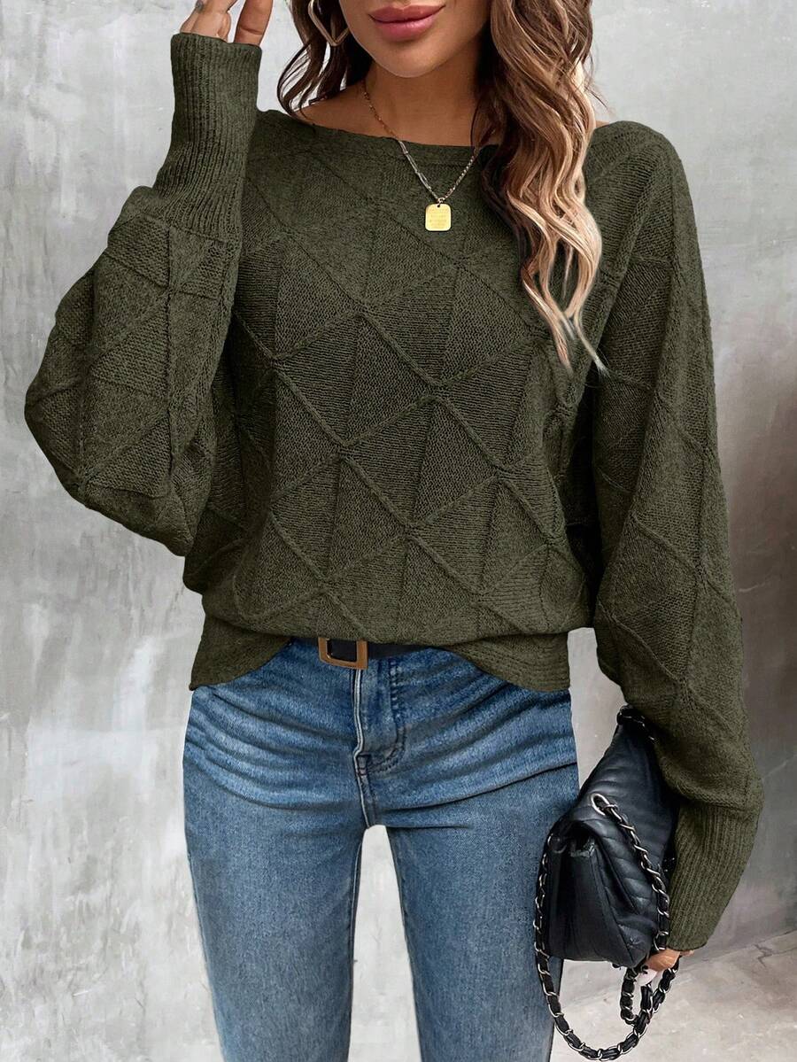 EMERY ROSE Women's Casual Solid Color Batwing Sleeve Crew Neck Sweater, Autumn/Winter - Army Green - View 1