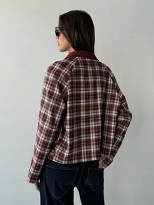 Aloruh 女式休闲拼布领宽松短款格子夹克 - 彩色 - 查看 5