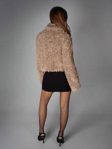 SHEIN ICON 女式都市时尚卡其色仿毛领羊毛混纺夹克，秋冬 - 卡其色 - 查看 2