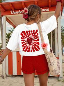 DrmWander Áo thun nữ cỡ lớn in họa tiết cổ tròn dáng rộng, thích hợp cho ngày Valentine. - trắng - Xem 3