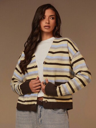 Athîral Women's Casual Striped Drop-Shoulder Long-Sleeved Knit Cardigan, Suitable For Everyday Wear, Women's Autumn Clothing, Women's Autumn Outfits, Women's Autumn Clothing, Casual And Comfortable, Long-Sleeved, Stylish And Unique Item, Perfect For Autumn Outings.