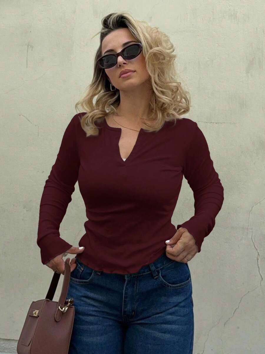 Jeta Ari Camiseta de punto acanalado con botones a la mitad, ropa de otoño para mujer con manga larga - Burdeos - Ver 1