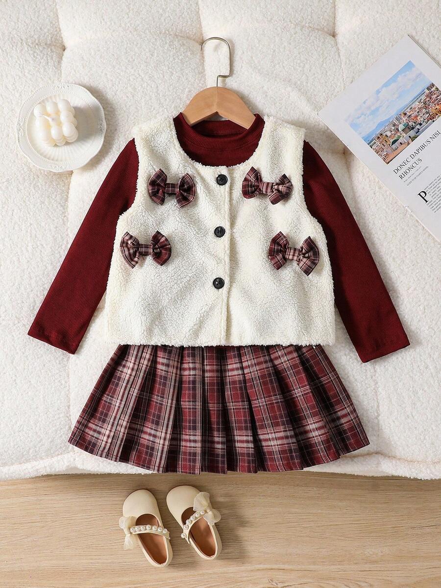 3 Stücke Mädchen Lässig Outfit Set: Schleife Dekor weiße Weste Jacke, burgunderrotes figurbetontes T-Shirt, karierter plissierter Rock, locker sitzend, bequem, vielseitig für Herbst, Frühling, Winter, geeignet für den täglichen Gebrauch, Pendeln, Outdoor, Sport, Schule, Straße, Party und Fotoshootings - Verschiedenfarbig - Übersicht 1