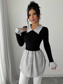 Elenzga Women's Striped Collared Long Sleeve Knit & Woven Patchwork Blouse - Multicolor - View 4