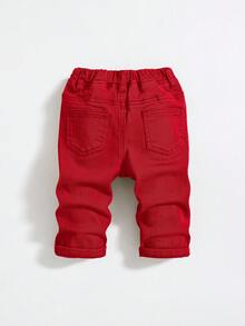 SHEIN Baby Boy Solid Color Distressed Denim Jeans, Casual & Minimalist, Suitable For Autumn/Winter - Red - View 2