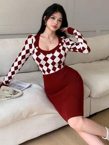Modelyn Women's Rhombus Pattern Long Sleeve Fitted Elegant Knit Dress, Autumn/Winter - Red - View 5