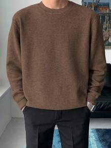 DAZY 男士纯棕色圆领毛衣，秋季 - 鏽棕色 - 查看 4