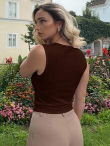 Jeta Ari Women's Autumn Winter Brown Mocha Solid PU Leather Pleated Asymmetrical Hem Fashion Vest, Brown Tops, Casual Tops, Party Tops, Festival Tops, Halloween Tops, Going Out Tops,Leather  Top,Business Casual Woman ,Thanksgiving Day - Coffee Brown - View 2