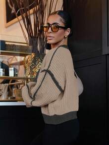 SAYEHFBABY Contrast Trim Lantern Sleeve Duster Cardigan Fall Winter Cloth For Women - Multicolor - View 7