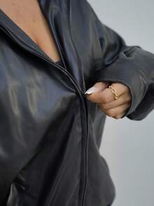 SAYEHFBABY Drop Shoulder Zip Up Black PU Jacket In Fall/Winter - Black - View 3