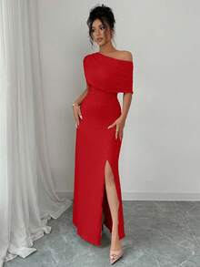 Elenzga 女士优雅时尚通勤休闲舒适迷人度假温柔淑女简约高端假日无袖斜肩收腰紧身侧开衩纯色长裙 - 紅色 - 查看 4