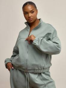 MUSERA 大码拉链高领缝线细节卫衣，冬季，日常，可爱，休闲，舒适 - 綠色 - 查看 1