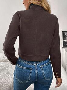 SHEIN PETITE Chaqueta corta de mujer para otoño con bolsillos grandes, botones metálicos, cremallera y cuello alto, diseño minimalista en color albaricoque - Marrón - Ver 2